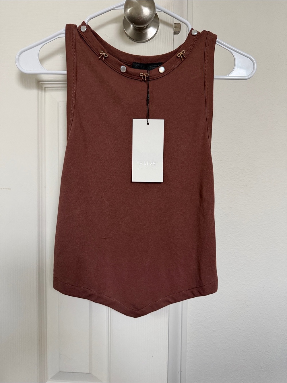 Zara Rust Brown Sleeveless Tank with Neckline Bow and Stud Detail
